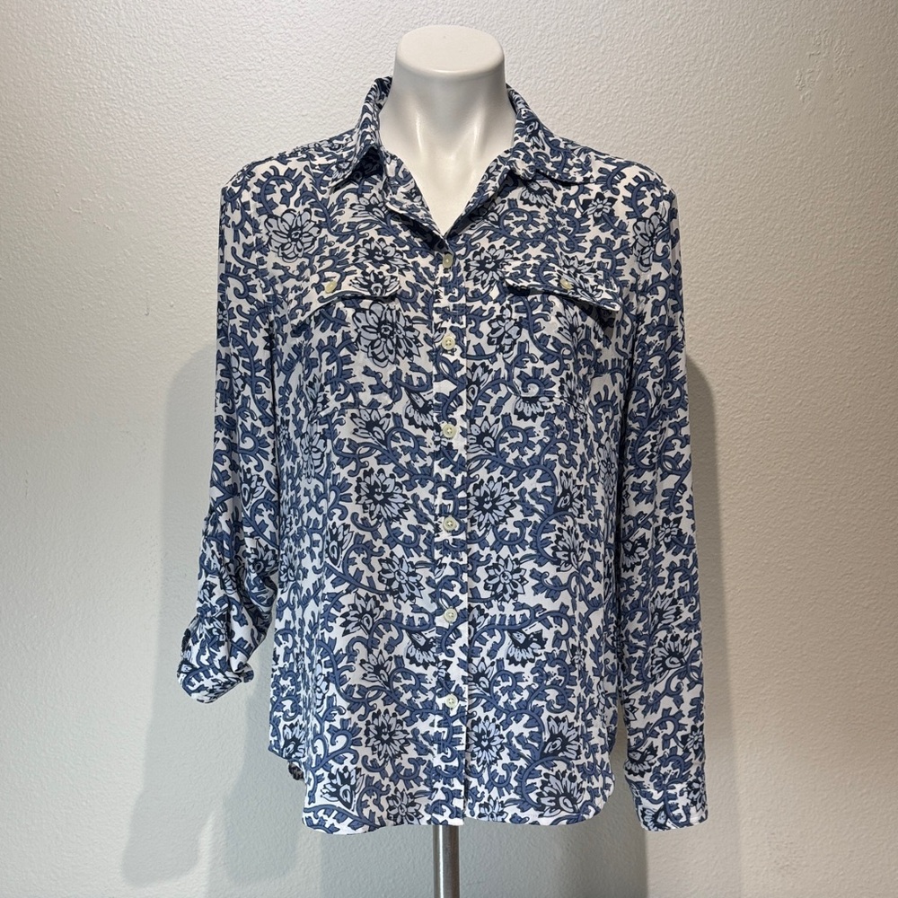 LOFT Navy and White Patterned Button Down Shirt - image 8